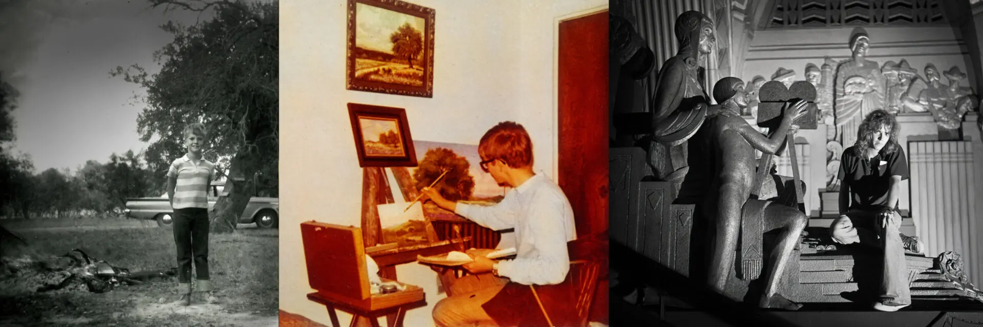 Three black and white photos of a young man painting and sculpting.