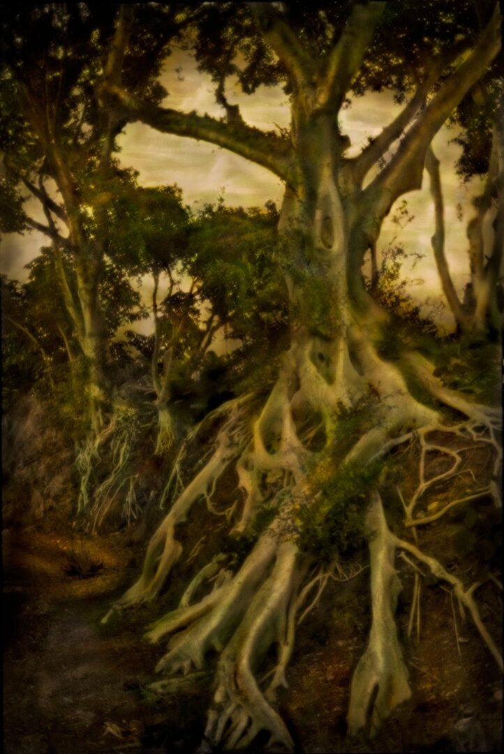 A painting of trees with roots in the foreground.