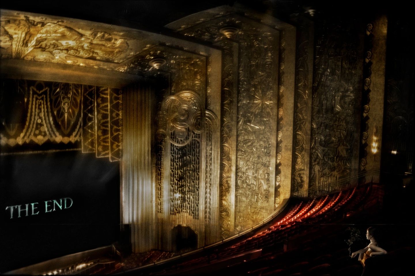 A theater with gold and black walls