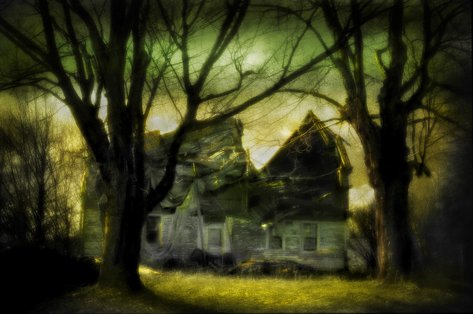 A painting of an old house in the woods