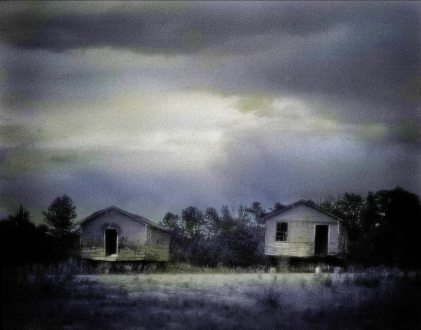 A painting of two houses in the middle of nowhere