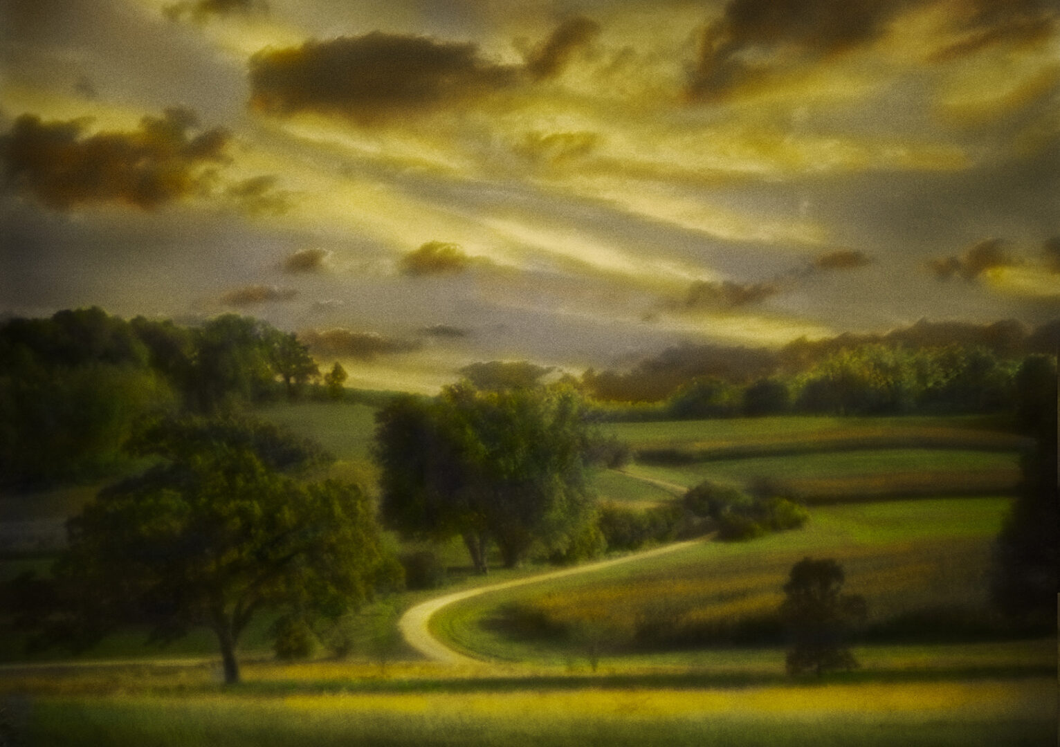 A painting of a green field with trees and clouds