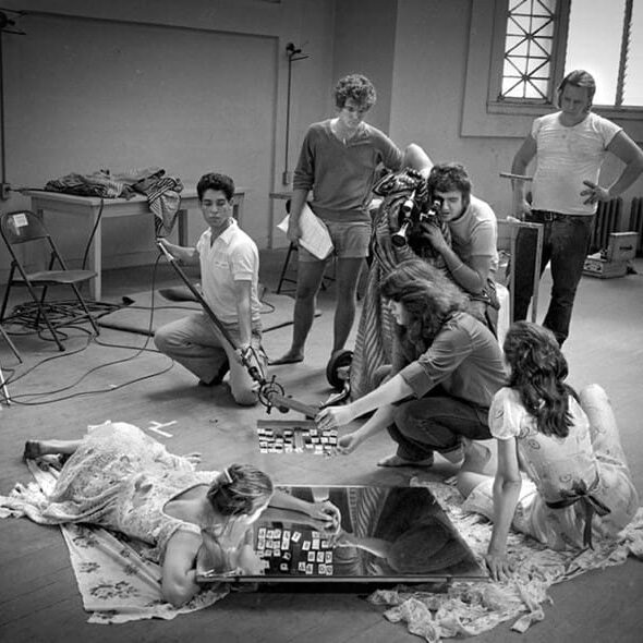 Black and white photo of a film crew.